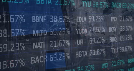 Poster - Image of stock market data processing against close up of a digital tablet and smartphone