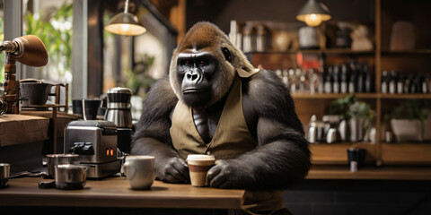 Gorilla working as an employee in a coffee shop