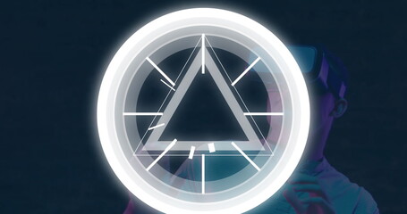 Poster - Image of wow text over shapes on black background