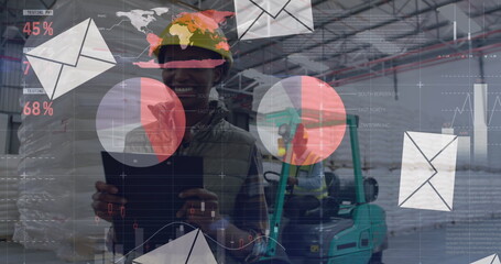 Poster - Image of financial data processing with envelope icons over african american worker in warehouse