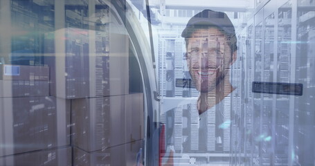Poster - Image of hands working over modern building over data processing
