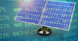Image of trading board and solar panel on abstract background with lens flare
