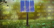 Image of trading board and solar panel on grassy field over rotating globe