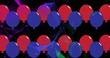 Image of communication network over red and blue balloons repeated on black background