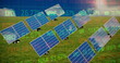 Image of trading board and solar panels on green landscape