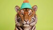 Tiger in a bright hat and stylish glasses, against the background of a yellowwall, vintage and fashionable style. Isolated, close-up studio portrait. Funny, cute and unusual image. Copy space