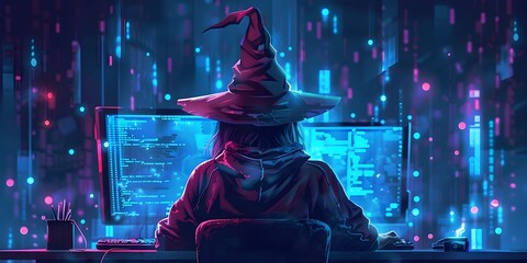 Poster - Programmer Casts Digital Spells on Computer Code to Harness the Magic of the Mainframe with Wizard Hat