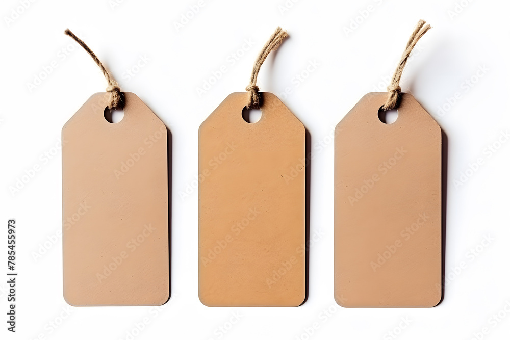 Collection of brown natural craft kraft paper hang tags, price tags or gift tags  isolated on white background