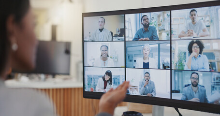 Aufkleber - Business people, video conference and team on screen for online presentation, discussion and wave hello. Group, virtual communication and global webinar call on computer in office for digital meeting