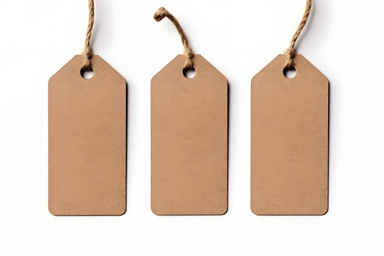 Collection of brown natural craft kraft paper hang tags, price tags or gift tags  isolated on white background