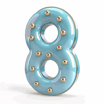 a blue number eight with gold balls on it