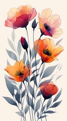 Aufkleber - a painting of a bunch of flowers on a white background. black, red and orange floral flat illustrati
