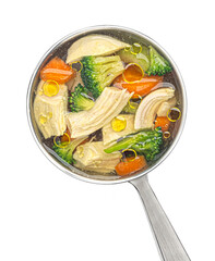 Wall Mural - Ladle with chicken soup with vegetables isolated on white background, top view