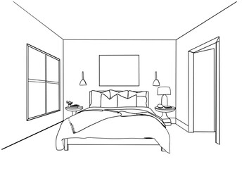 Wall Mural - Bedroom interior sketch, hand drawn furniture