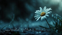 Single Daisy With Dewdrops On Petals In A Dark Blue Moody Setting. Dramatic Nature And Macro Photography Concept For Design And Print