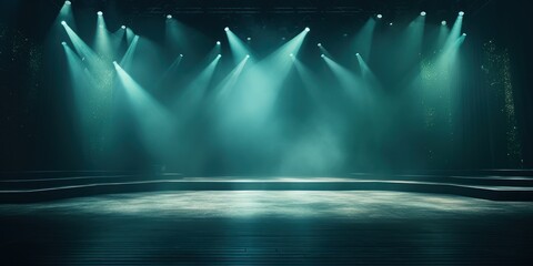 Wall Mural - Teal stage background, teal spotlight light effects, dark atmosphere, smoke and mist, simple stage background, stage lighting, spotlights,
