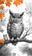 A black and white illustration of an owl with flowers in the background.
