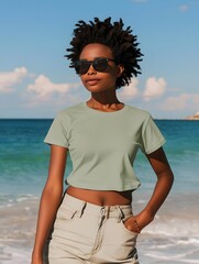 Wall Mural - Woman wearing light sage t-shirt for a mockup design, in background beach