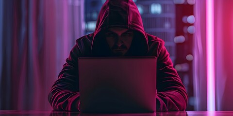 Poster - Hooded Hacker Decrypting Secure Email in Mysterious Neon Lit Environment