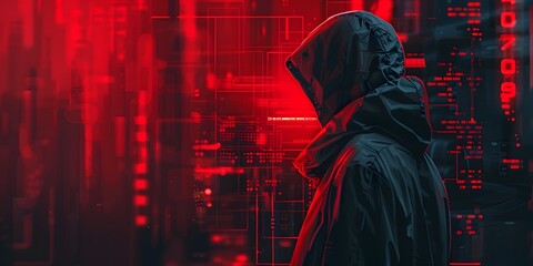 Poster - Hooded Hacker Accessing Witness Protection Database with Ominous Red Neon Backdrop