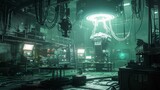 Fototapeta Młodzieżowe - Biomechanical entity in a dystopian lab, eerie glow of life emerging, scifi horror