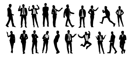 Wall Mural - Silhouettes of diverse business people standing, walking, men, women full length, running, pointing. Business concept. Vector black monochrome illustrations on transparent background.