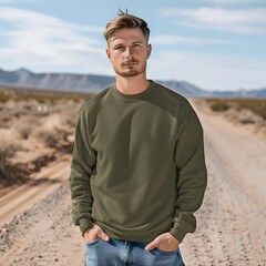 Wall Mural - Unisex sweatshirt product mockup, in the color military green on a handsome male model 