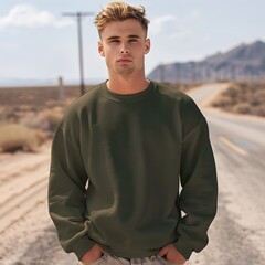 Wall Mural - Unisex sweatshirt product mockup, in the color military green on a handsome male model 