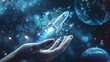 © Montalumirock - Digital technology screen rocket display light dark background and hand touch