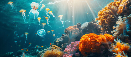 Wall Mural - Colorful coral reef, jellyfish floating, sunrays