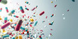 Explosion of colorful pills and capsules in motion background