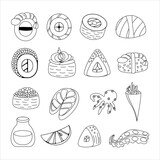 Fototapeta Dinusie - Sushi japanese food doodle set. Icons of different types of sushi rolls with seafood from shrimp, salmon or eel, soy sauce, tentacles. Asian restaurant in black and white style. Vector illustration.