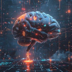 Poster - A digital brain hovers over a circuit board, symbolizing advanced interface technology and the fusion of biology with computing.