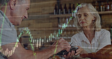 Poster - Image of multiple graphs over caucasian senior man tapping credit card on reader held by woman