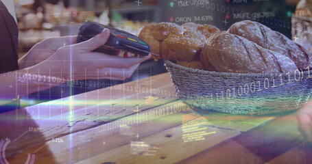 Poster - Image of computer language, trading board over cropped hand of woman inserting password