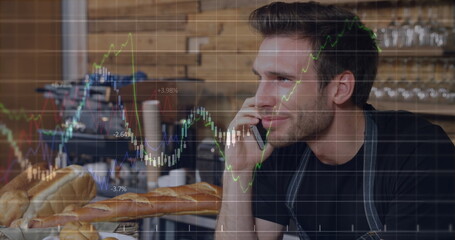 Poster - Image of multiple graphs with numbers over caucasian male barista talking on cellphone at cafes
