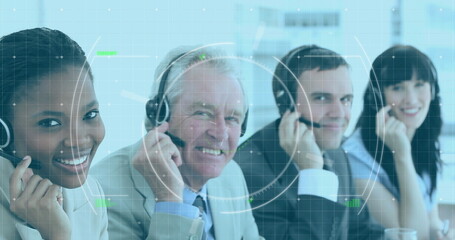 Poster - Image of scope scanning over diverse business people using phone headsets