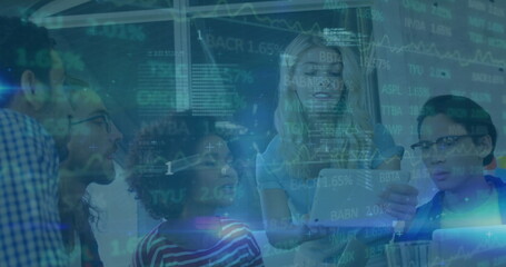 Poster - Image of data processing over diverse business people in office