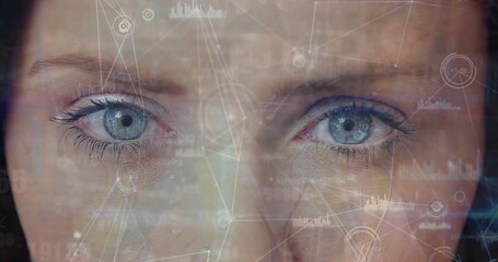 Sticker - Image of network of connections with data processing over eyes of caucasian woman