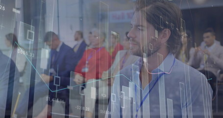 Poster - Image of financial data processing over business people in office