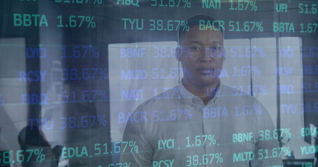 Poster - Image of financial data processing over business people in office