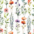 Watercolor seamless pattern wildflowers floral illustration: summer flower, blossom, poppies, chamomile, dandelions, cornflowers, lavender, violet, bluebell, clover, buttercup. Generative AI