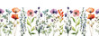 Watercolor border wildflowers floral illustration: summer flower, blossom, poppies, chamomile, dandelions, cornflowers, lavender, violet, bluebell, clover, buttercup. Generative AI