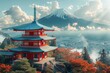 Vibrant vector illustration showcasing the Chureito Pagoda with iconic Mt. Fuji backdrop, reflecting the serene beauty of Japan's landscapes - AI Generated.