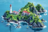 Fototapeta  - Vector style illustration of a picturesque New Zealand islet with a lighthouse and surrounding cliffs. AI Generated