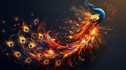 Aufkleber - a colorful bird with feathers flying in the air. a magical creature made of fire.