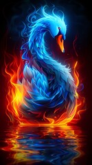 Wall Mural - A blue and orange swan floating in the water. A magical creature made of fire on black background.