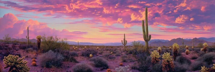 Stunning panoramic sunset scene with vibrant colors over a desert teeming with cacti and diverse flora