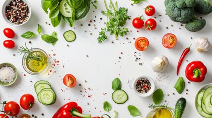 Wall Mural - Colorful vegetarian delights: fresh ingredients for healthy eating and nutrition on white table background