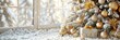 Festive christmas tree adorned with golden baubles and presents on elegant beige holiday background